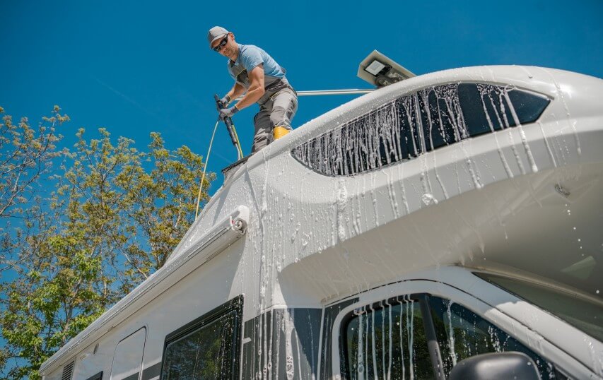 Professional Exterior Detailing an RV with a Pressure Washer